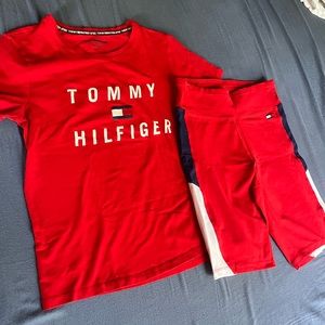 Red Tommy Hilfiger sport set. Matching Biker shorts & short sleeve shirt